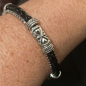 Silver-Accent Black Braided Leather Bracelet